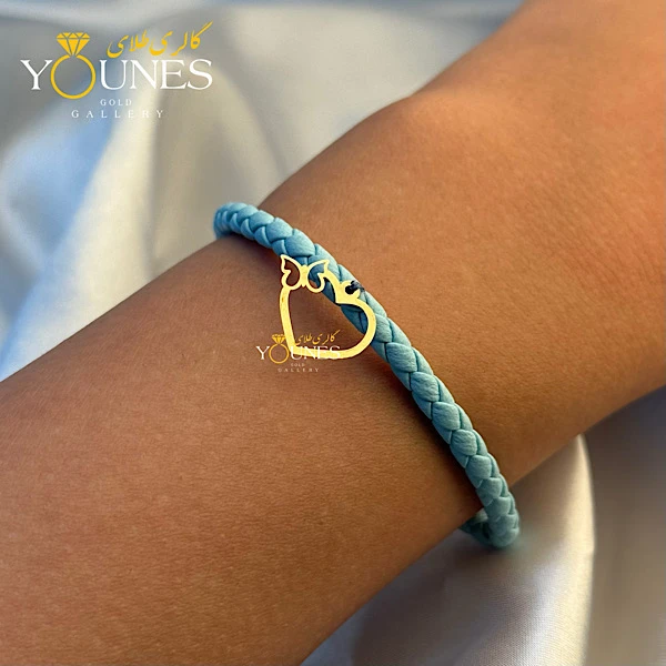 دستبند چرم آبی پروانه قلبی طلا